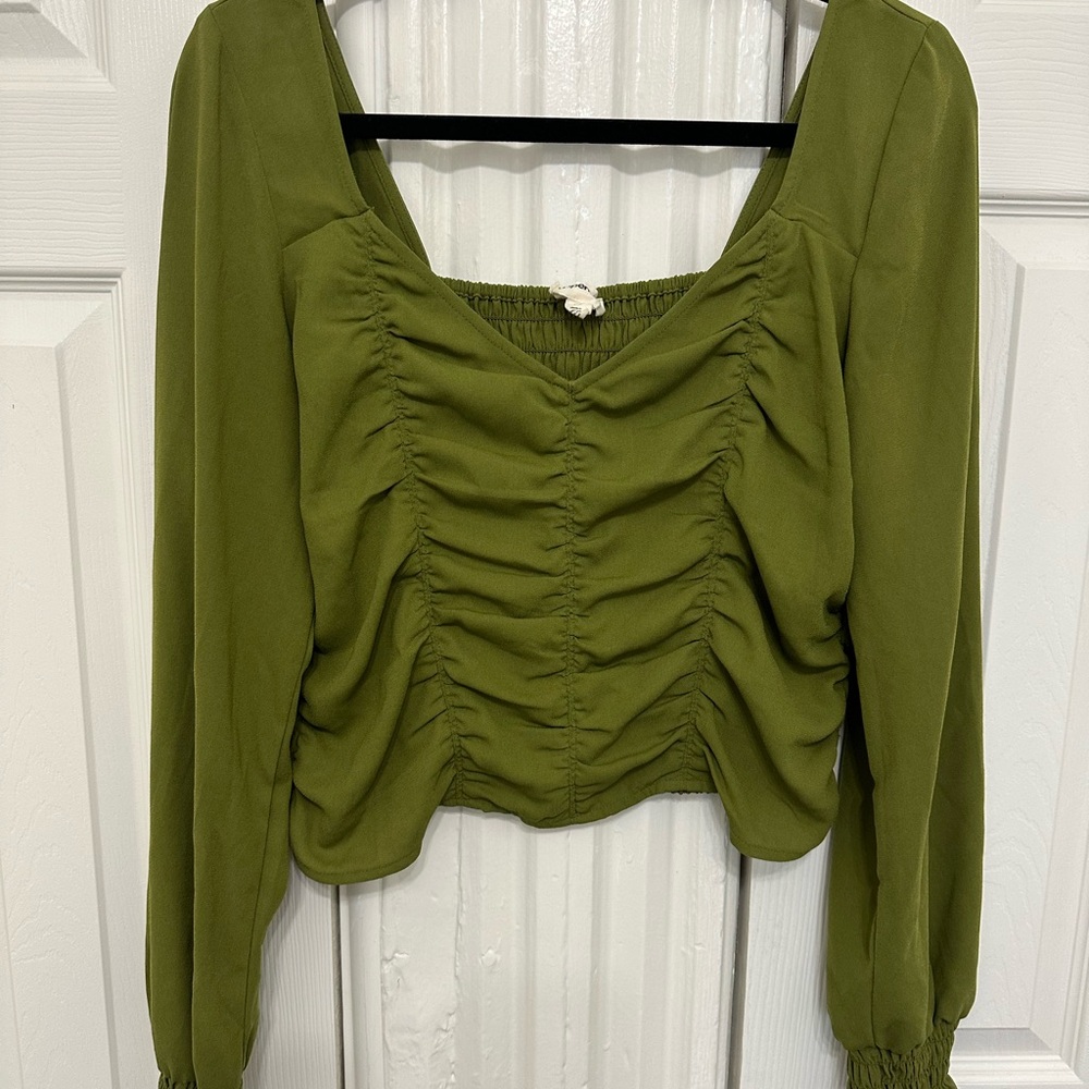 Open Edit Green Ruched Blouse with Long Sleeves